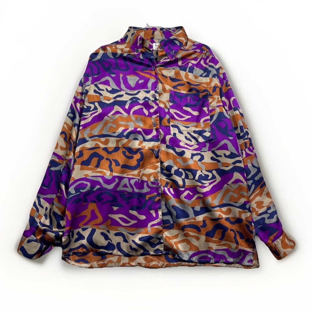 Y2K Rouie Purple / Orange camo AOP Button Up Top Sz 14 Funky Party Canada Made